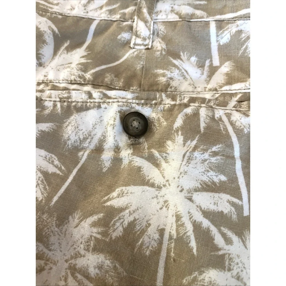 Nautica Men's Linen Cabana Shorts Palm Tree Print Flat Front Khaki White 36W